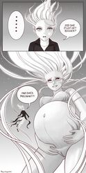 2girls biting_lip black_sclera female female_only giantess huge_belly linea_nigra monochrome nude one-punch_man preggosteggo pregnant psykos pussy ready_to_pop stretch_marks tatsumaki veiny_belly