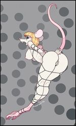 anthro anus ass big_butt black_border blonde_hair bondage border bound breasts dotted_background female genitals grey_background hair hands_behind_back hi_res looking_at_viewer looking_back mammal murid murine nude pattern_background platinum_(saladbomb) pussy raised_tail rat robotjoe rodent side_boob simple_background solo string thick_thighs white_body