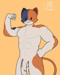 1boy 4:5 anthro da1k1ra domestic_cat epic_games felid feline felis fortnite genitals hi_res male male_only mammal meowscles_(fortnite) muscular muscular_male nude penis simple_background solo solo_male strong tagme video_games