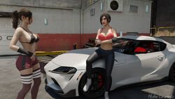 2girls 3d ada_wong ada_wong_(adriana) artist_name asian asian_female big_breasts bikini_top black_bikini_top black_hair black_leggings blender breasts brown_eyes brown_hair busty capcom car claire_redfield cleavage clothing crop_top curvy elbow_pads erect_nipples erect_nipples_under_clothes eyelashes female female_only fully_clothed hi_res huge_breasts large_breasts leggings legwear lips looking_at_another misterlowerks nails navel outdoors pink_topwear ponytail public red_legwear red_shorts red_stockings red_thighhighs resident_evil resident_evil_2 resident_evil_2_remake sexually_suggestive shoes short_hair shorts signature sitting sitting_on_car sports_car standing stockings striped_legwear striped_stockings striped_thighhighs teeth thick_thighs thighhighs voluptuous white_shoes wide_hips