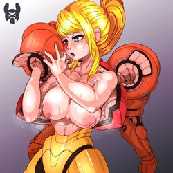 1girls armor blonde blonde_hair blue_eyes breasts breasts_out exposed exposed_breasts exposed_nipples female female_only metroid nintendo nipples no_bra nude_female ponytail power_armor power_suit samus_aran sweat topless undressing vanilla_buns varia_suit