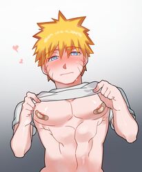 1boy abs blonde_hair blue_eyes blush clothing gradient_background heart heart-shaped_pupils looking_at_viewer male male_only naruto naruto_(series) naruto_shippuden nipple_tape nipples pecs plaster pose shirt_lift shirt_up solo solo_focus solo_male sweat sweatdrop taped_nipples uzumaki_naruto whisker_markings whiskers wowyang