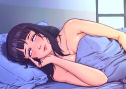 1girls bed_sheet blush breasts cleavage covering female female_only hyuuga_hinata inhus looking_at_viewer lying naruto naruto_(series) naruto_shippuden nude on_bed on_side purple_hair smile solo violet_eyes