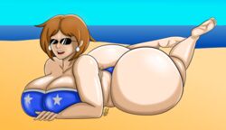 1girls beach bikini huge_ass huge_breasts huge_butt jarsman_(artist) milf on_stomach sunglasses tagme thong_bikini tinted_eyewear wide_image