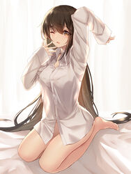 bed_sheet bison_cangshu black_hair brown_eyes brown_hair dark_hair long_hair looking_at_viewer medium_breasts naked_shirt on_bed one_eye_closed shirt sleepy warship_girls_r yawn