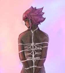 back_view bondage dark-skinned_male inazuma_eleven inazuma_eleven_(series) jousuke_tsunami neon neon_lights pink_hair rear_view rope rope_bondage smirk solo_male tan_skin tsunami_jousuke