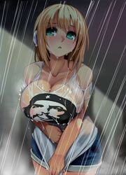 1girls 2016 areolae bare_shoulders blonde_hair che_guevara gen_(black_factory) green_eyes headphones large_breasts open_mouth rain shirt_pull short_shorts solo wet_clothes