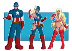 1boy 1girls american_flag american_flag_bikini bikini bimbo bimbofication blonde_hair boots breast_expansion breasts captain_america captain_america_(series) gender_transformation genderswap genderswap_(mtf) high_heel_boots high_heels lipstick male_to_female marvel marvel_comics mtf_transformation rule_63 steve_rogers tan_skin transformation transformation_sequence wrenzephyr2