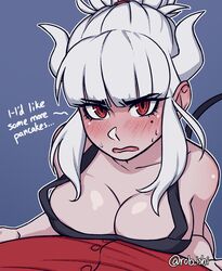 1boy 1girls 2020 apron artist_name blue_background blush breast_press breasts cleavage demon demon_girl demon_horns demon_tail english_text eyebrows_visible_through_hair female hand_on_another's_chest hand_on_chest helltaker helltaker_(character) highres horns large_breasts lucifer_(helltaker) male mole mole_under_eye naked_apron open_mouth pov red_eyes rob_ishi shirt simple_background size_difference smaller_female speech_bubble standing sweat tail talking talking_to_viewer text tied_hair twitter_username white_hair