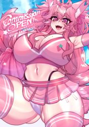 1girls ass_visible_through_thighs big_breasts cheerleader curvy fox fox_ears fox_girl huge_breasts kireina_pinky_fox long_hair looking_at_viewer miniskirt mole_on_breast open_mouth original osiimi panties pink_eyes pink_fur pink_hair pinky_fox_(osiimi) thick_thighs thighhighs virtual_youtuber