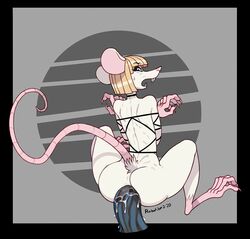 anal anal_sex anthro ass big_butt blonde_hair bondage bound disembodied_penis duo female genitals grey_background hair hi_res looking_at_viewer looking_back male mammal murid murine nude penetration penis platinum_(saladbomb) rat robotjoe rodent simple_background solo_focus string white_body