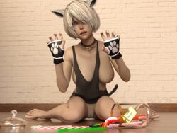 1girls 3d barefoot big_breasts blue_eyes breasts cat_ears cat_tail catgirl choker errbee feet female female_only nier:_automata no_bra no_panties pussy sitting solo solo_female teeth toes white_hair yorha_2b