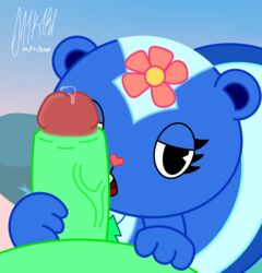 anthro bodily_fluids da1k1ra duo erection female flippy flippy_(htf) genital_fluids genitals happy_tree_friends looking_at_viewer male mammal mephitid penis petunia petunia_(htf) skunk straight tongue