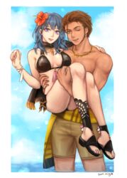 1boy 1girls ass bare_legs bare_thighs beach bikini black_bikini black_swimsuit blue_eyes blue_hair bridal_carry brown_hair byleth_(fire_emblem) byleth_(fire_emblem)_(female) byleth_(summer)_(fire_emblem)_(female) carrying claude_von_riegan dark-skinned_male feet female fire_emblem fire_emblem:_three_houses fire_emblem_heroes flower flower_in_hair green_eyes holding_person large_breasts nintendo quan_ming red_flower sandals seaside straight swimsuit thick_thighs thighs water wink