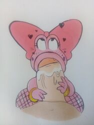 1boy 1boy1girl 1girls :>= anthro bimbo birdo blowjob bodily_fluids cock_worship dicksucking_creature drawn fellatio female hand_on_penis heart huge_cock male mario_(series) meow_fuck oral oral_sex penis pink_skin simple_background sucking white_background