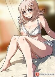 1girls adorable bedroom bedroom_eyes big_breasts bikini blush busty cute cute_but_busty danganronpa danganronpa_2:_goodbye_despair female flashing heart-shaped_pupils hourglass_figure huge_breasts kinkymation large_breasts mole_on_breast nanami_chiaki on_bed shortstack straight_hair swimsuit undressing voluptuous voluptuous_female