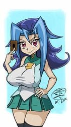 aqua_hair big_breasts blue_hair card female huge_breasts kamishiro_rio kichatundk legs legwear long_ears looking_at_viewer nipples red_eyes rio_kamishiro school_uniform shirt smile yu-gi-oh! yu-gi-oh!_zexal