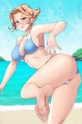 1girls background bangs barefoot beach big_breasts bikini blue_eyes blue_sky blue_swimsuit blush blushing cameltoe castlevania castlevania_(netflix) clothed clothed_female clothing cloud clouds female female_only foot_focus foot_up light-skinned_female light_skin lindaroze looking_back mouth_open nail nails one_foot_raised one_leg_raised one_leg_up open_mouth orange_hair pink_lips red_hair sand scar scars short_hair sideboob sky smile smiling solo solo_female solo_focus swimsuit sypha_belnades toenails water watermark