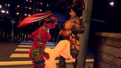 2futas1girl 3d 3d_model audience boobs breasts cock completely_nude_female dick exhibitionism noravrmx outdoors outside penis public split_roast threesome tits unity_(engine) vrchat vrchat_avatar vrchat_model vroid