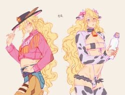 blonde_hair blue_eyes costume cow cow_costume cow_ears cow_print cowboy cowboy_hat cute femboy ganymede ganymede_(mythology) greek_mythology long_hair milk pink_clothing suggestive twink