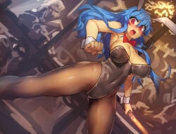 blue_hair blush blushing boobs breasts bunny_ears bunnysuit cleavage embarrassed embarrassed_female hips legs legs_apart medium_breasts melon22 pantyhose red_eyes solo_focus sword tavern tenshi_hinanawi thighs tits touhou