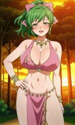 1girl ai_generated barely_clothed big_sister bow cleavage fire_emblem fire_emblem:_genealogy_of_the_holy_war fire_emblem_heroes forest green_eyes green_hair huge_breasts lene_(fire_emblem) midriff nature naughty_face navel nearly_naked no_bra no_panties no_underwear onee-chan pixai ponytail revealing_clothes seductive_smile silf smile solo trees woods