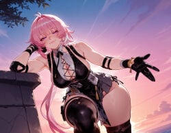 1girl 1girls ai_generated arm_strap balecxi bare_shoulders black_footwear black_gloves black_thighhighs boots breasts cleavage cleavage_cutout closed_mouth clothing cloud cloudy_sky curvaceous curvaceous_female curvaceous_figure curvy curvy_figure cyrene_(honkai:_star_rail) dress elbow_pads female female_focus gloves gradient_sky half-closed_eyes honkai:_star_rail horizon hoyoverse large_breasts legwear lips long_hair looking_at_viewer low_ponytail mihoyo ocean official_alternate_costume outdoors pelvic_curtain pink_eyes pink_hair pink_sky purple_eyes seductive_smile sideboob skindentation sky sleeveless smile solo sunset thick_thighs thigh_boots thighhighs thighs very_long_hair voluptuous voluptuous_female