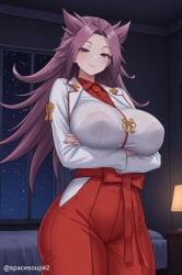 1girl ai_generated arms_under_breasts blouse blush bra_visible_through_clothes breasts closed_mouth collared_shirt cowboy_shot crossed_arms dress_shirt hakama hakama_pants hakama_skirt indoors japanese_clothes jun'you_(kantai_collection) kantai_collection large_breasts long_hair long_sleeves looking_at_viewer magatama night pants purple_eyes purple_hair red_hakama red_pants red_shirt shirt skirt smile solo spiked_hair white_shirt window