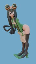 3d blender euro female female_only goggles goggles_on_head green_hair hero_outfit_(mha) leotard long_hair my_hero_academia pose shy smile solo tsuyu_asui