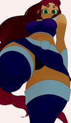 1girls big_breasts cartoon_network clothed_female dc female female_only green_eyes green_sclera koriand'r long_hair looking_at_viewer lyn_nyl orange_skin red_hair solo solo_female solo_focus starfire tamaranean teen_titans thick_thighs thighhighs