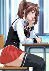 1girls academy_uniform_(bible_black) ai_generated amatsuki_jun ass ass_cleavage ass_crack ass_press bible_black bible_black_only big_ass big_breasts blonde_hair blush breasts brown_hair classroom clothing curtains curvaceous curvy curvy_body curvy_female curvy_figure desk detention female female_focus female_only fully_clothed green_eyes hands_between_legs high_resolution homework horny horny_female indoors looking_to_the_side medium_breasts necktie parted_bangs pen petite school_uniform schoolgirl shirt side_view sideboob sidelocks sitting skirt solo solo_focus spread_legs suspenders teasing teasing_viewer teasing_with_butt teenage_female teenager thighhighs thighs twintails uncensored upper_body vest window