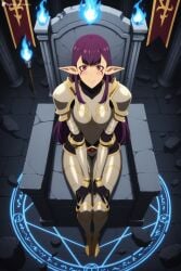 1girl ai_generated armor armored_boots black_gloves blue_fire blush boots breastplate breasts closed_mouth digitalwaifugallery elf esil_radiru fire full_body gauntlets gloves greaves hands_on_own_knees hi_res high_quality high_resolution long_hair looking_at_viewer magic_circle patreon pauldrons pillar plate_armor pointy_ears purple_hair red_eyes seductive sexy shoulder_armor sitting solo solo_leveling stone_floor throne uncensored watermark