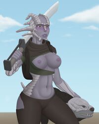 abs areolae artist_request belly big_breasts exposed_breasts female horn horned_humanoid horns kenshi leggings nipples partially_clothed shek torn_clothes torn_leggings weapon wide_hips