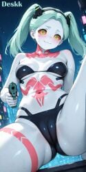 1girl :3 ai_generated artificial_eye bare_shoulders black_bra blush bra breasts cameltoe closed_mouth colored_sclera colored_skin cyberpunk:_edgerunners cyborg deskk green_hair gun hairband leg_tattoo long_hair looking_at_viewer low-angle_view mechanical_eye navel neck_tattoo pistol pussy rebecca_(edgerunners) red_pupils red_sclera simple_background small_breasts smile stomach stomach_tattoo sweat tattoo twintails white_skin
