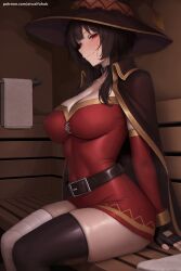 1girl ai_generated artist_name bandaged_leg bandages bangs belt black_belt black_gloves black_hair black_legwear blush breasts buckle cape cleavage closed_mouth collar collarbone dress elbow_gloves fingerless_gloves gloves hat hi_res high_quality high_resolution indoors kono_subarashii_sekai_ni_shukufuku_wo! large_breasts looking_at_viewer megumin patreon patreon_logo patreon_username red_dress red_eyes seductive sexy short_dress short_hair single_thighhigh sitting smile solo thighhighs uncensored watermark web_address witch_hat