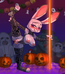 2020 absurd_res ambiguous_gender anthro blush breasts clenched_teeth clitoris clothing daimo dancing disney female female_focus fishnet fishnet_armwear fishnet_legwear fishnet_topwear food fruit full-length_portrait genitals grin group halloween hi_res holidays judy_hopps lagomorph large_breasts legwear leporid looking_at_viewer mammal mostly_nude nipples on_one_leg one_leg_up plant pole pole_dancing portrait presenting presenting_pussy pumpkin pussy rabbit radaq raised_leg smile solo_focus spread_legs spreading standing stockings stripper_pole teeth zootopia