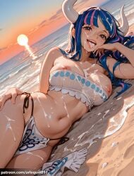 1girl ai_generated arlequin097 artist_name bare_shoulders beach bikini blue_hair breasts bukkake cum cum_in_mouth cum_on_body cum_on_breasts cum_on_hair cum_on_legs cum_on_tongue curled_horns dutch_angle facial horns large_breasts long_hair looking_at_viewer lying multicolored_hair navel nipple_slip nipples ocean on_side one_piece open_mouth orange_sky outdoors patreon_username pelvic_curtain pink_hair sky smile solo stomach strapless streaked_hair sun sunset swimsuit tongue tongue_out tube_top two-tone_hair ulti_(one_piece) water wet