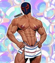 bara big_pecs male male_only mask masked masked_male miguel_o'hara muscular muscular_male solo spider-man:_across_the_spider-verse spider-man_2099 towel towel_around_waist xanderartz