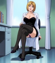 1girls ai_generated anus areola_slip areolae bare_shoulders bible_black big_breasts blonde_female breasts busty chair coat colored_nails corset cross_earrings desk earrings exposed_ass faithful_to_the_anime female female_only full_body high_heels high_resolution hospital infirmary jewelry kitami_reika lingerie lipstick looking_at_viewer makeup mature mature_female milf nail_polish naughty naughty_face naughty_smile no_bra no_bra_under_clothes no_panties nurse off_shoulder office_chair on_chair panties pantyshot pantyshot_(sitting) pinup purple_nails school_nurse short_hair sitting sitting_on_chair smile solo strap_slip teacher voluptuous voluptuous_female