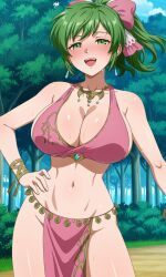 1girl ai_generated barely_clothed big_sister bow cleavage fire_emblem fire_emblem:_genealogy_of_the_holy_war fire_emblem_heroes forest green_eyes green_hair huge_breasts lene_(fire_emblem) midriff nature naughty_face navel nearly_naked no_bra no_panties no_underwear onee-chan pixai ponytail revealing_clothes seductive_smile silf smile solo trees woods