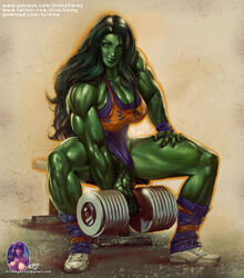 1futa big_breasts cleavage clothed clothed_futanari dumbbell flaccid futa_only futanari green_body green_eyes green_hair green_skin huge_cock hulk_(series) kinkyjimmy large_breasts large_penis legwarmers leotard leotard_aside long_hair marvel marvel_comics muscles muscular muscular_futanari penis she-hulk shoes smirk smirking smirking_at_viewer solo veiny_penis weightlifting workout workout_clothes