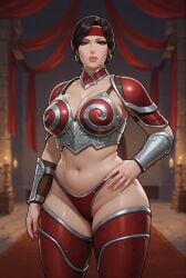 ai_assisted ai_generated belly_button bikini_armor black_hair black_outline bracers candle carpet castle castle_background chubby_female cleavage drapes earrings eyelashes fantasy female female_only gemini hand_on_hip headband hoop_earrings hourglass_figure human_(world_of_warcraft) large_breasts leg_armor light-skinned_female lipstick looking_at_viewer mature_female midriff neck_guard one_hand_on_hip pauldrons red_pupils rgomez007 scarlet_crusade self_upload sideboob skindentation solo_female stable_diffusion standing stern_expression thick_lips thick_outline thick_thighs tied_hair updo voluptuous wide_hips world_of_warcraft