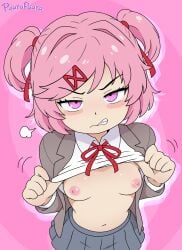 anime anime_girl anime_style annoyed annoyed_expression doki_doki_literature_club exposed_breasts flashing_breasts natsuki_(doki_doki_literature_club) nipples pink_hair ponytail purple_eyes reluctant school_uniform schoolgirl schoolgirl_uniform shirt_lift shirt_up skirt