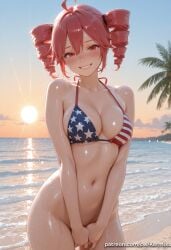 1girl ahoge ai_generated american_flag_bikini bangs beach bikini bikini_top_only blush bottomless breasts cleavage collarbone covering covering_crotch cowboy_shot drill_hair flag_print grin kasane_teto kermixx large_breasts looking_at_viewer navel ocean outdoors red_eyes red_hair shiny shiny_skin sky smile solo sun sunset swimsuit tree twin_drills twintails vocaloid wet