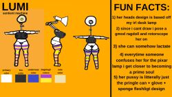 areolae areolae_visible_through_clothing back_view character_sheet davecheeswzr desk_lamp front_view huge_ass huge_breasts machine nipple_bulge nipples nipples_visible_through_clothing object_head oc orange_background original_character side_view thick_thighs thighhighs
