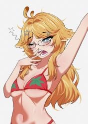 1girls ahoge blonde_hair cyan_eyes dangan dokibird glasses head_wings indie_virtual_youtuber long_hair red_bikini vtuber yawning yawning_position