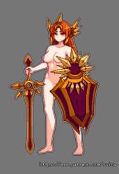 armor barefoot breasts english_text grey_background holding holding_shield holding_sword holding_weapon league_of_legends leona_(league_of_legends) navel nipples orange_eyes orange_hair outline pixel_art pussy ruina ruina11011 shield simple_background standing sword weapon white_outline