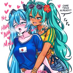 2026_fifa_world_cup 2girls absurdres ahegao aqua_hair blush brazilian_flag brazilian_flag_print brazilian_miku dark-skinned_female dark_skin earrings english_text eyewear_on_head fingering flag_print flower hair_flower hair_ornament hatsune_miku heavy_breathing highres implied_fingering japanese_flag jewelry long_hair meme multiple_girls reach-around shirt shorts sunglasses sweat tongue tongue_out twintails vewuinsky vocaloid world_cup yellow_shirt yuri
