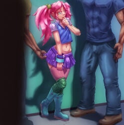 crossdressing dark-skinned_male dark_skin femboy imminent_sex majalis male male_only miniskirt pigtails pink_hair sasha skirt thick_thighs
