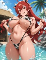 1girl 1girls ahoge ai_generated areolae beach big_breasts bikini breasts covered_nipples covered_pussy cow_print crossed_bangs curvy curvy_figure eris_greyrat female gitaniai hair_between_eyes hairband in_heat large_areolae large_breasts lips long_hair looking_at_viewer mature_female midriff mushoku_tensei narrow_waist navel nipples o-ring o-ring_bikini red_eyes red_hair slingshot_bikini spread_legs standing sweat thick_thighs uncensored wading wet